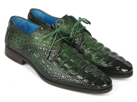 Paul Parkman Men's Green Croco Textured Leather Derby Shoes - The Distinguished Man Store